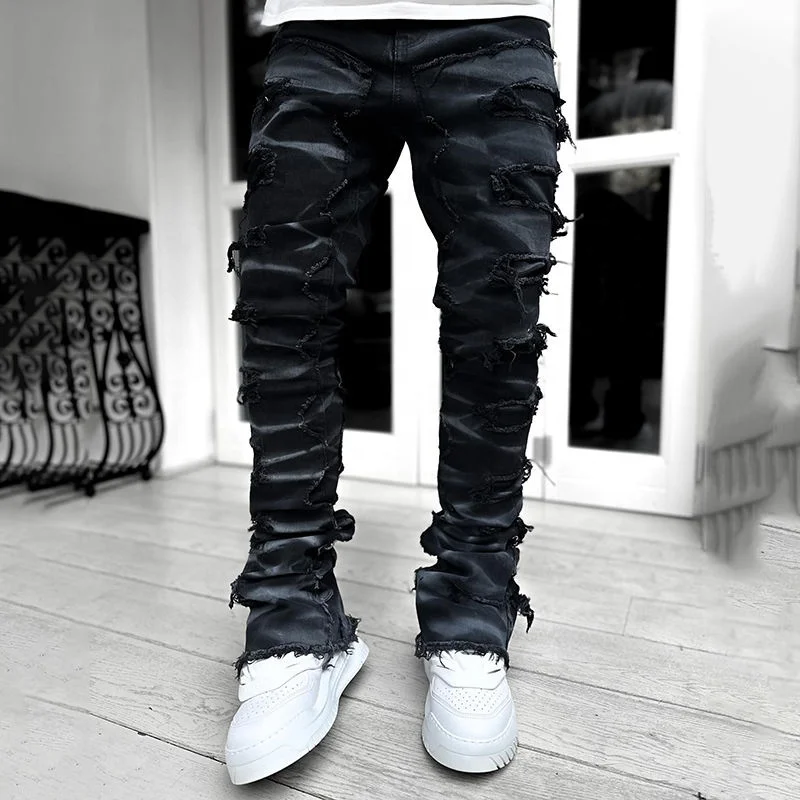 Salati Custom Casual Vintage Streetwear High Waist Slim Fit Pu Flare Sweat Trousers Faux Leather Stacked Men's Pants gallery 2