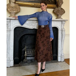 AELESEEN Designer Fashion Set Women Autumn Winter Temperament Slim Flare Sleeve Sweater + Midi Printed Skirt Elegant 2 Piece Set