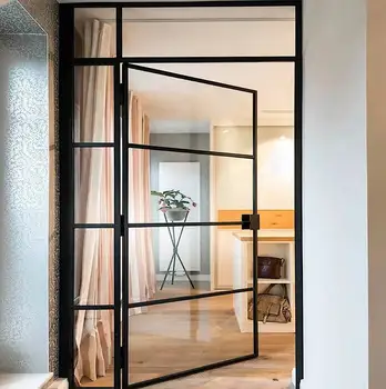 Alufront Modern Grid Design Ultra Slim Profile Aluminum Alloy Hinged Casement Door With Clear Glass for Villa Use or Kitchen