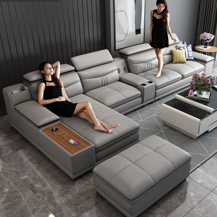 Luxury Wooden Sofa Set Design Modern Living Room Straight L Shaped Smart  Sofa Bed with Storage