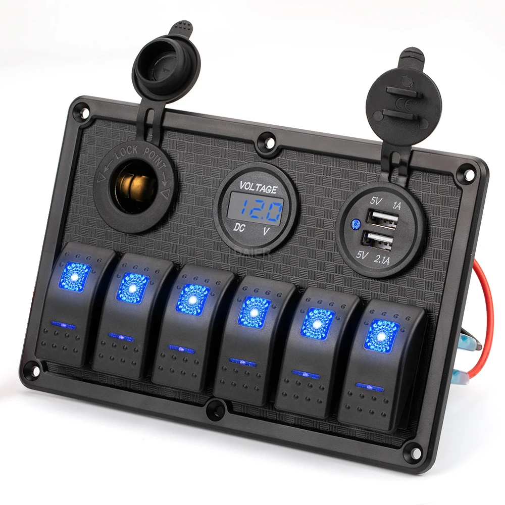 Wholesale Gang Boat Marine Rocker Switch Panel With Waterproof Toggle  Switches 3.1A Dual USB Charger 12V 24V Blue LED Voltmeter From