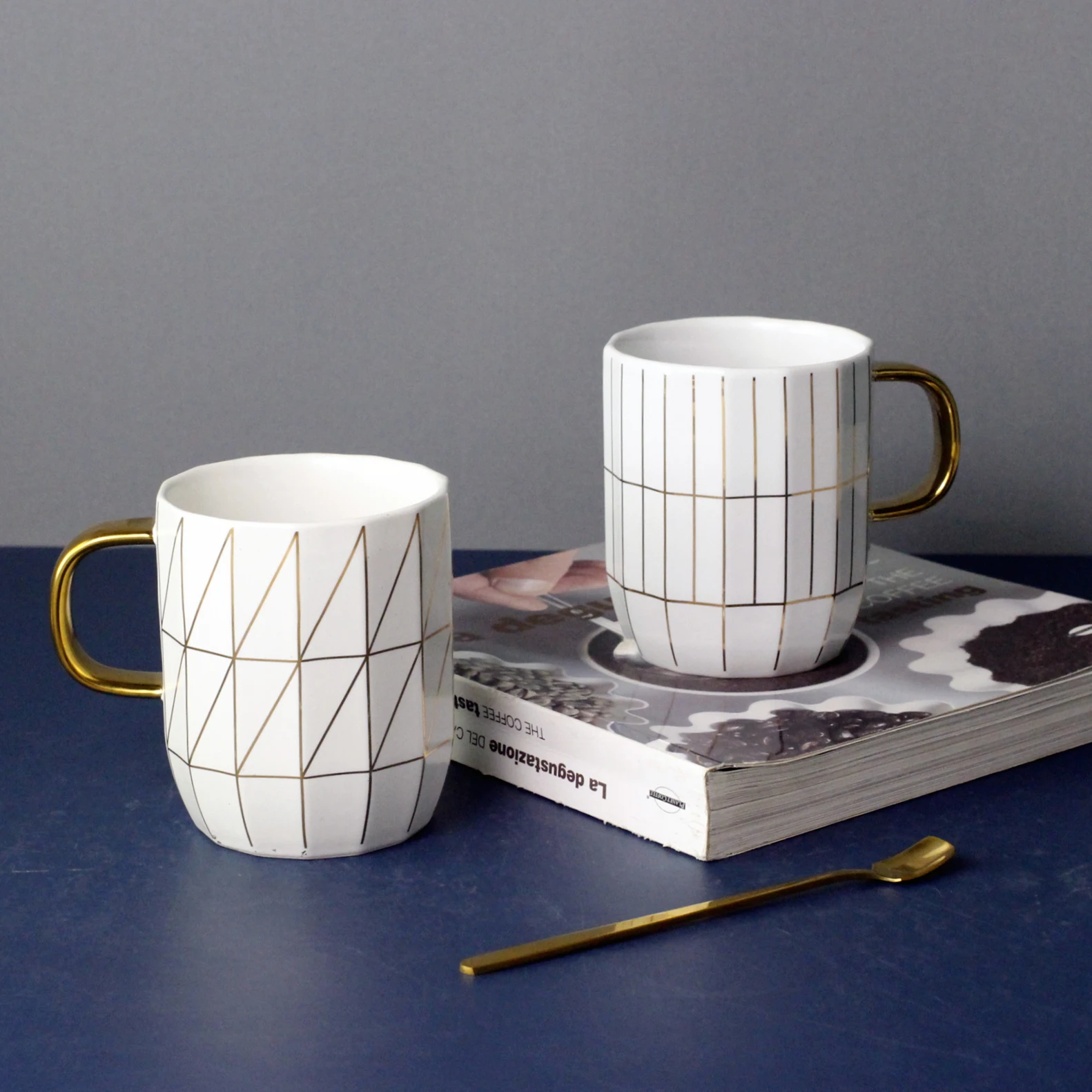 Nordic Luxury Gold Line Polygon Custom Ceramic Coffee Mug WIth Gold Handle Porcelain Cup With Spoon