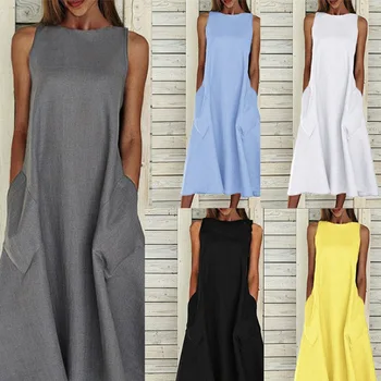 Cotton and linen large size boutique national Greek style long skirt spring and summer women's sleeveless A-line dress