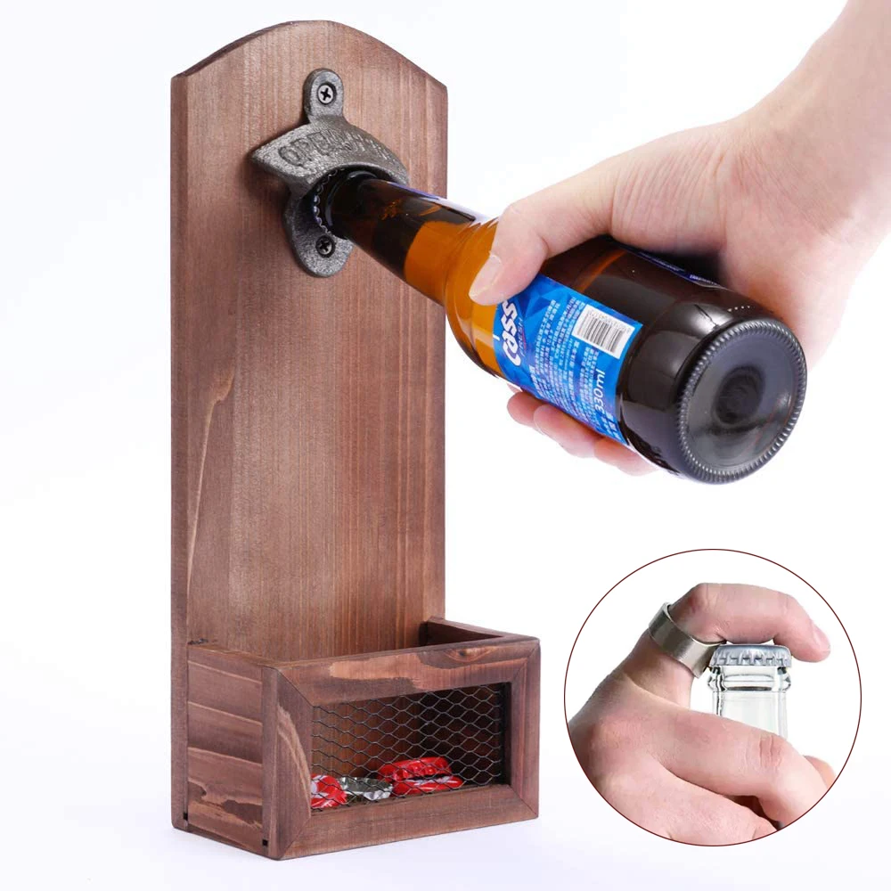 Yard Gifts for Men Beer Bar Wall Mounted Bottle Openers Wooden Vintage Beer Bottle Opener with Iron Cap Catcher Opener Tool for Kitchen 