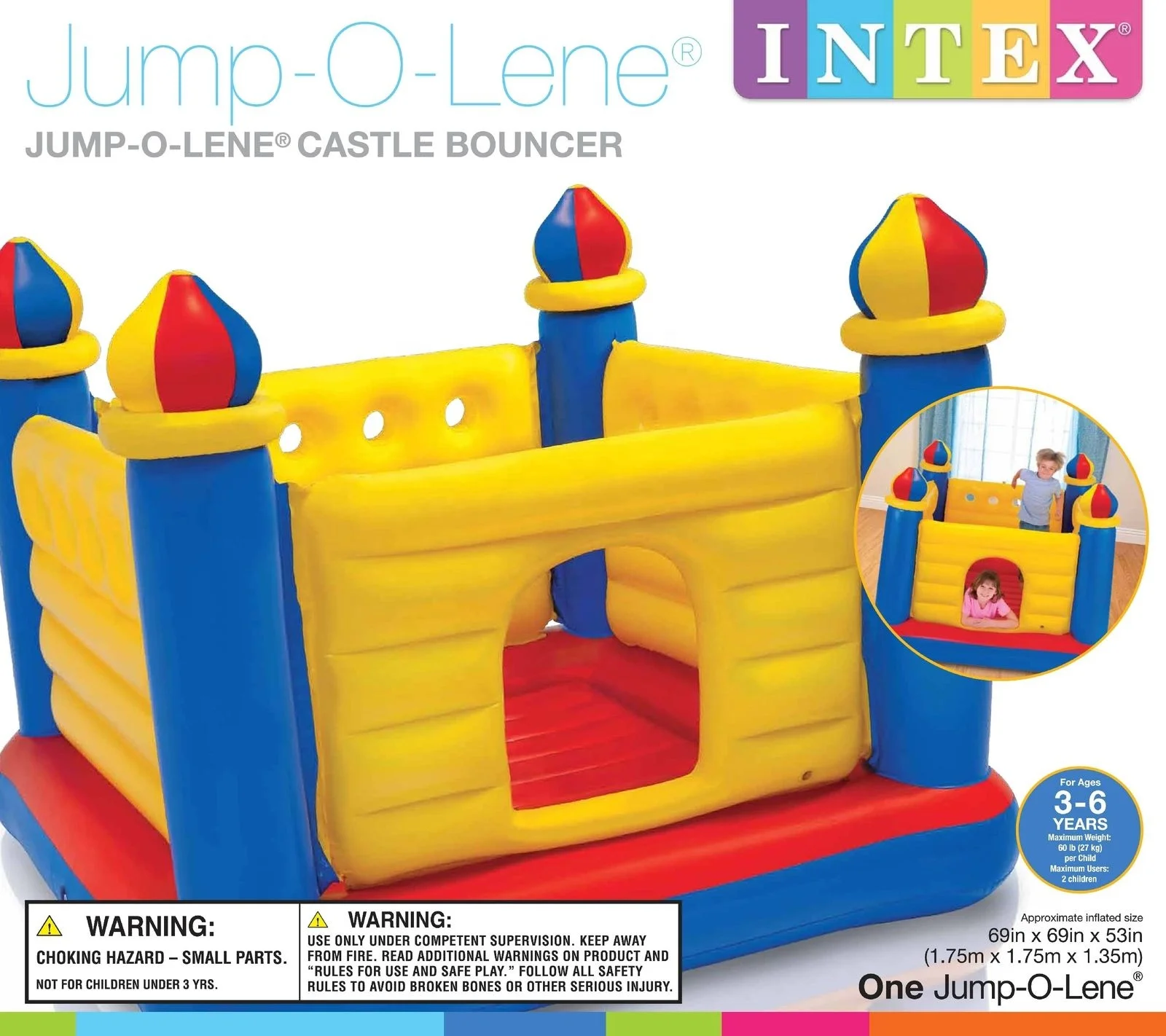 Intex Jump-O-Lene Château Gonflable – Trampoline Avec Tours, 4 Murs Hauts – Pour 2 Enfants, 54 Kg Max – Dès 3 Ans