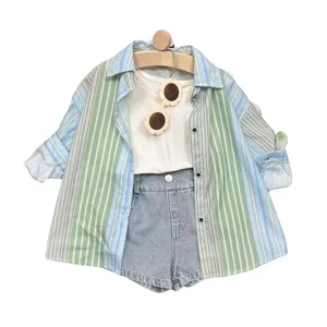 2026 Spring Autumn Fashion Korean Child Clothing Thin Striped Long Sleeve Shirt Vest Denim Shorts 3Pcs Girl Kids Clothes