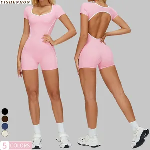 YSH Sport Color Blocking Short Sleeve Women's Yoga Jumpsuits&Playsuits High Stretch Fitness Contrast Trim Slim Fit Gym Bodysuit