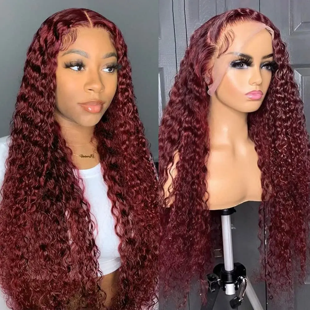 13x4 Lace Human Hair Wigs For Women Water Curly Colored 99j Burgundy Hd ...