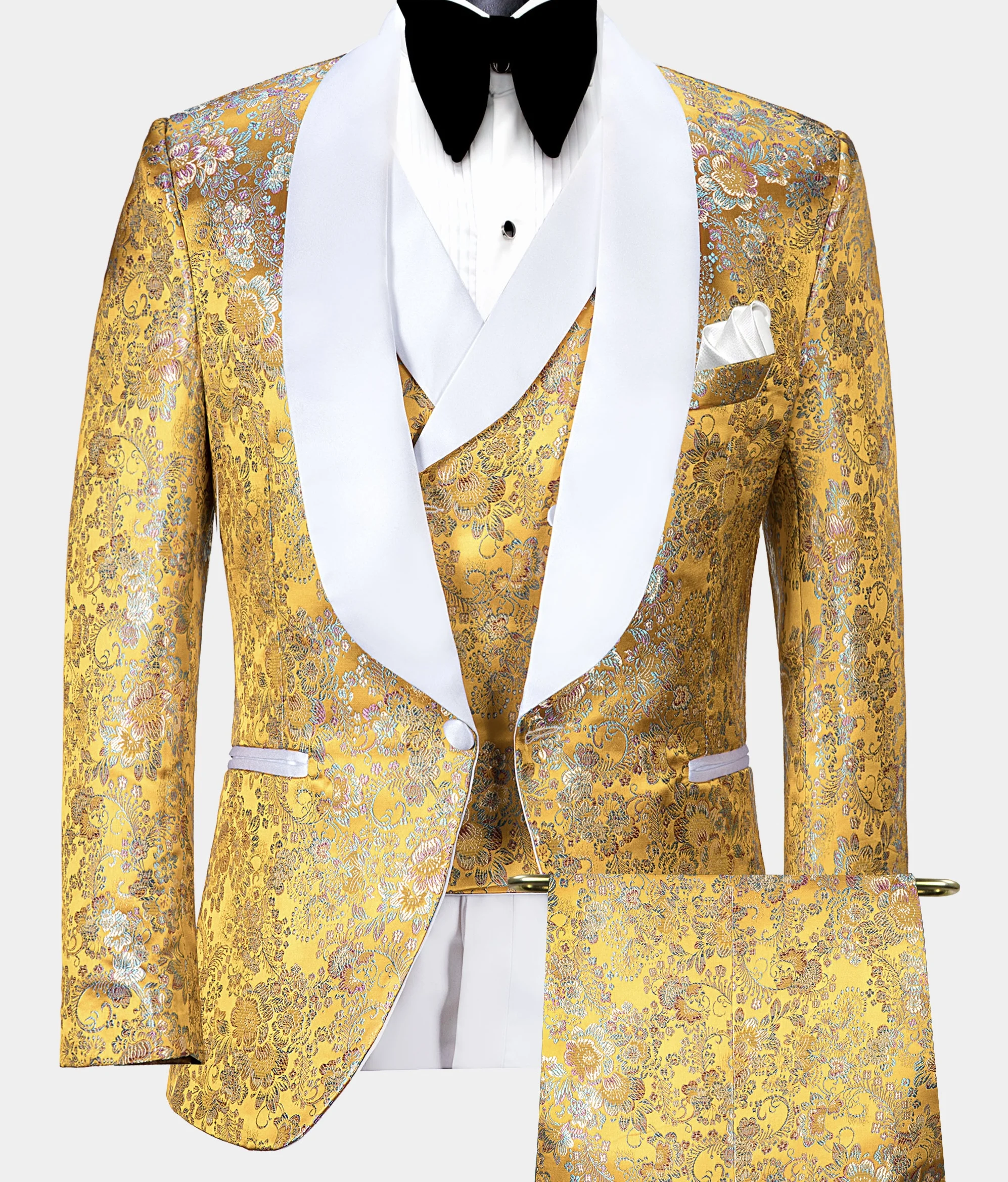 Custom Prom Suit Classic Wedding Men Tuxedo Yellow Floral Tuxedo With White  Trim Piece Men Suits