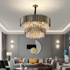 2 Layer Crystal Ceiling Light Black Round Modern Chandeliers Crystal for Living Room