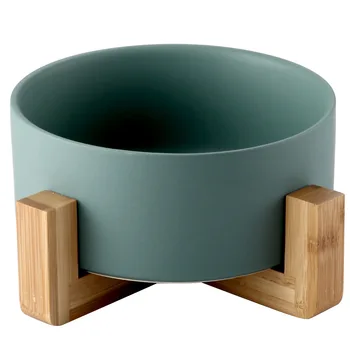 Wooden Cat Bowl Stand Raised Food Water Dog Basic Bowl with Anti-Slip Multifunctional Matching Wooden Frame Ceramic Pet Dog Bowl