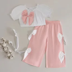 0-3Y Girl Clothes Pink Set Super Bows Casual Short Puff Sleeve Wide Leg Pants 2Pcs Kids Outfits Summer Clothes for Kids