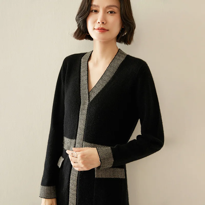 Women's Elegant V-neck Cashmere Dress Fashion Style Color Contrast Office Dress Casual Loose Long Cashmerte Wool Dress