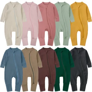 Custom Newborn Infant Toddler Solid Color Sleepwear Pajamas Romper Baby Jumpsuit Bamboo Ribbed Baby Clothes Zipper Romper