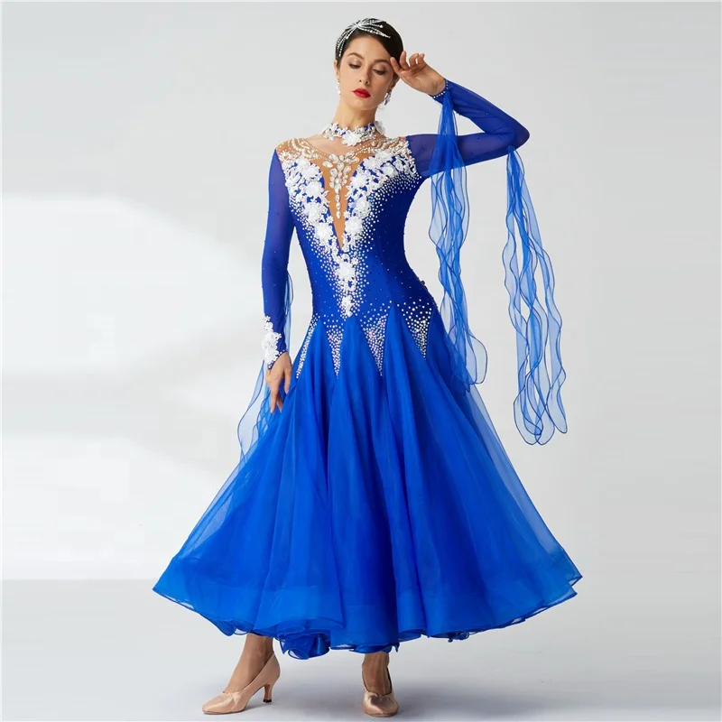 B-19612 Customize Blue Dancing Queen Dress Modern Ballroom Dress Organza  Competition Ballroom Dance Dresses Girls for Sale