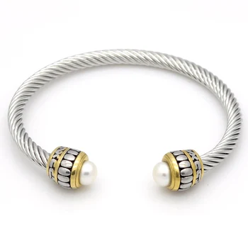 Fashion Personality Simple Design Female Natural Pearl Cuff Bracelet Stainless Steel Bangle Twist Cable Wire Wrapped Bracelet
