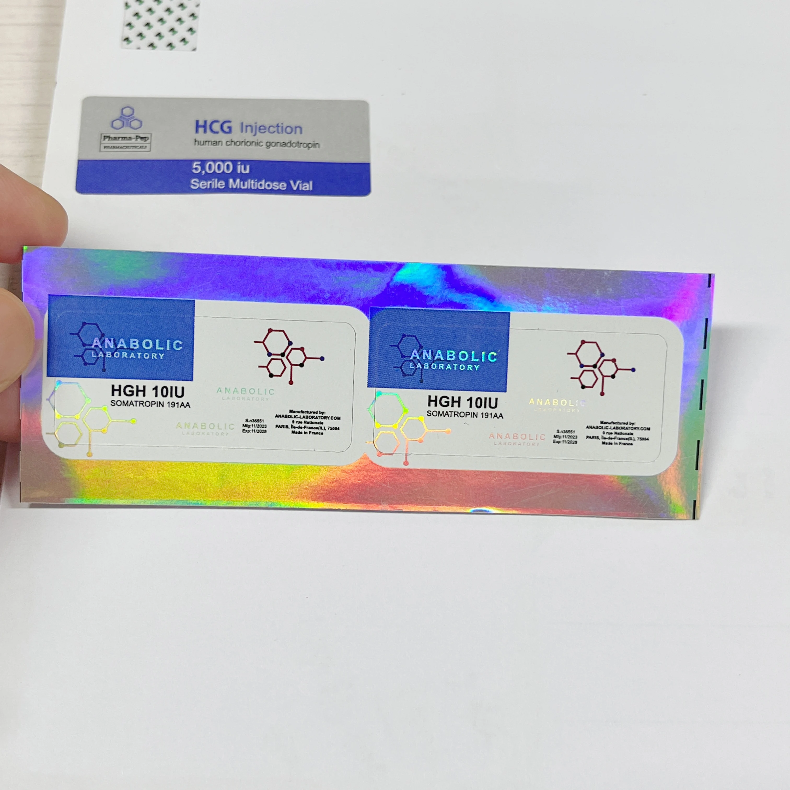 Customized Blue Foil & Hologram 10ml Vial Labels – Test E 250 & Tren E 200 Pharma Labels for Security & Branding