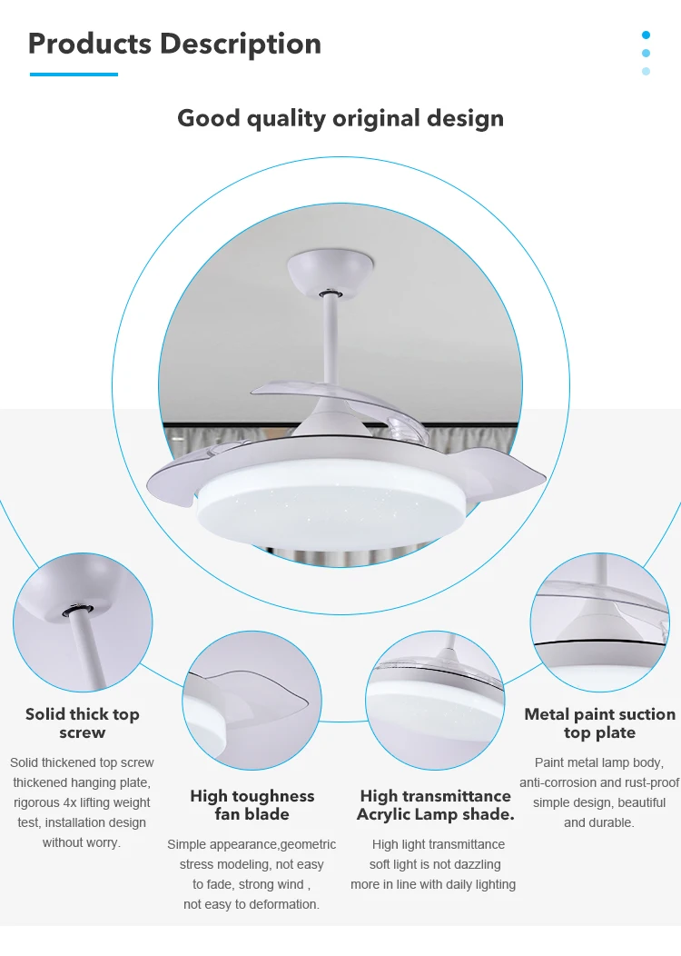 Unique Design 6 Speeds Adjustable Remote Control Retractable Invisible Modern Ceiling Fan