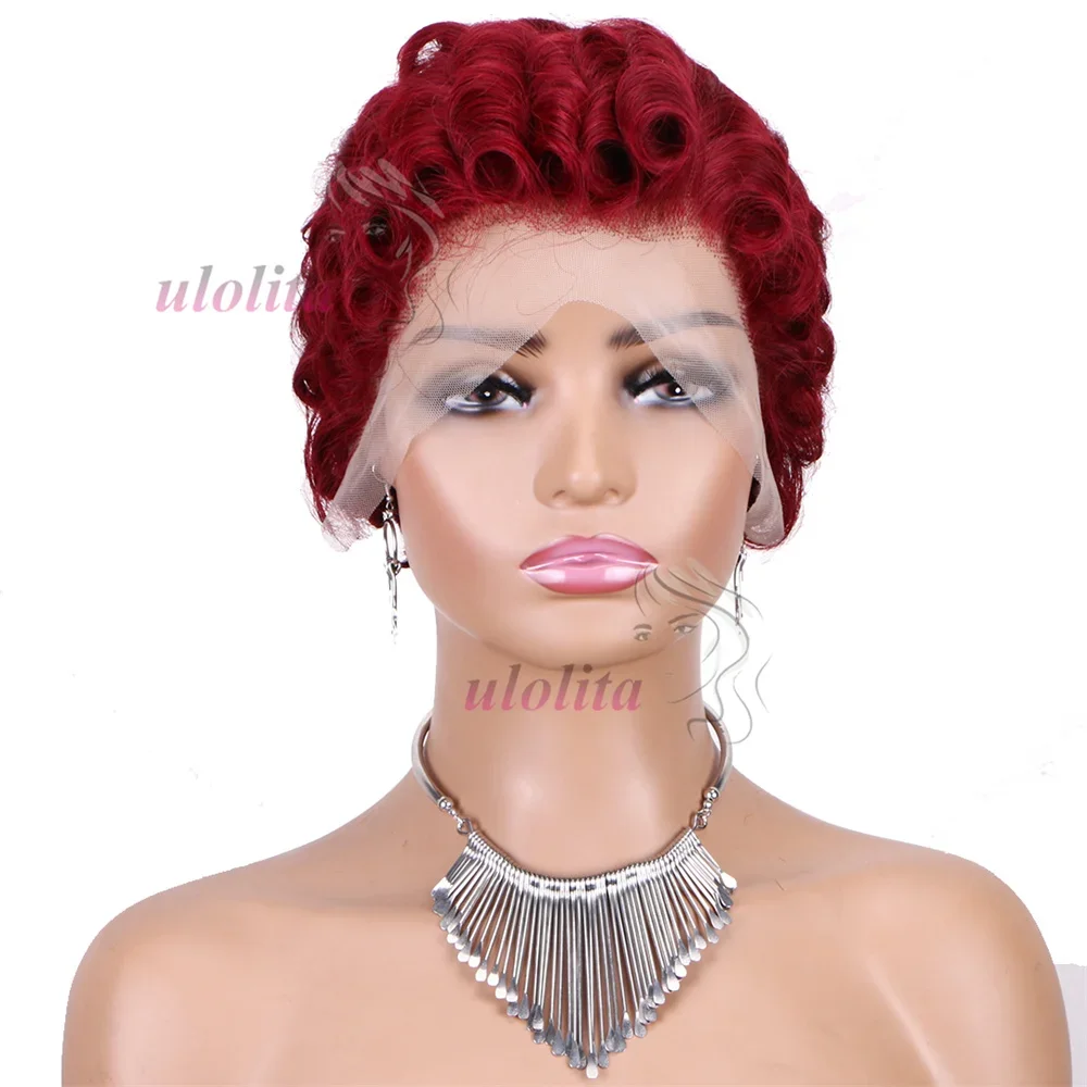 Burgundy 99J Red Color Lace Front Short Bob Wig Human Hair Pre Cut Loose Bouncy Wave Pixie Cut Frontal Wigs Preplucked_voghion.com