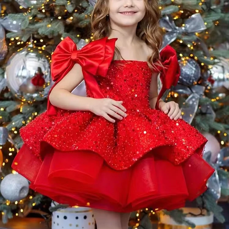Robe Bébé Fille à Volants Avec Broderie Et Bordure Velours - Taille élastique 12 Mois à 5 Ans - Pour Fêtes, Noël, Occasions Spéciales