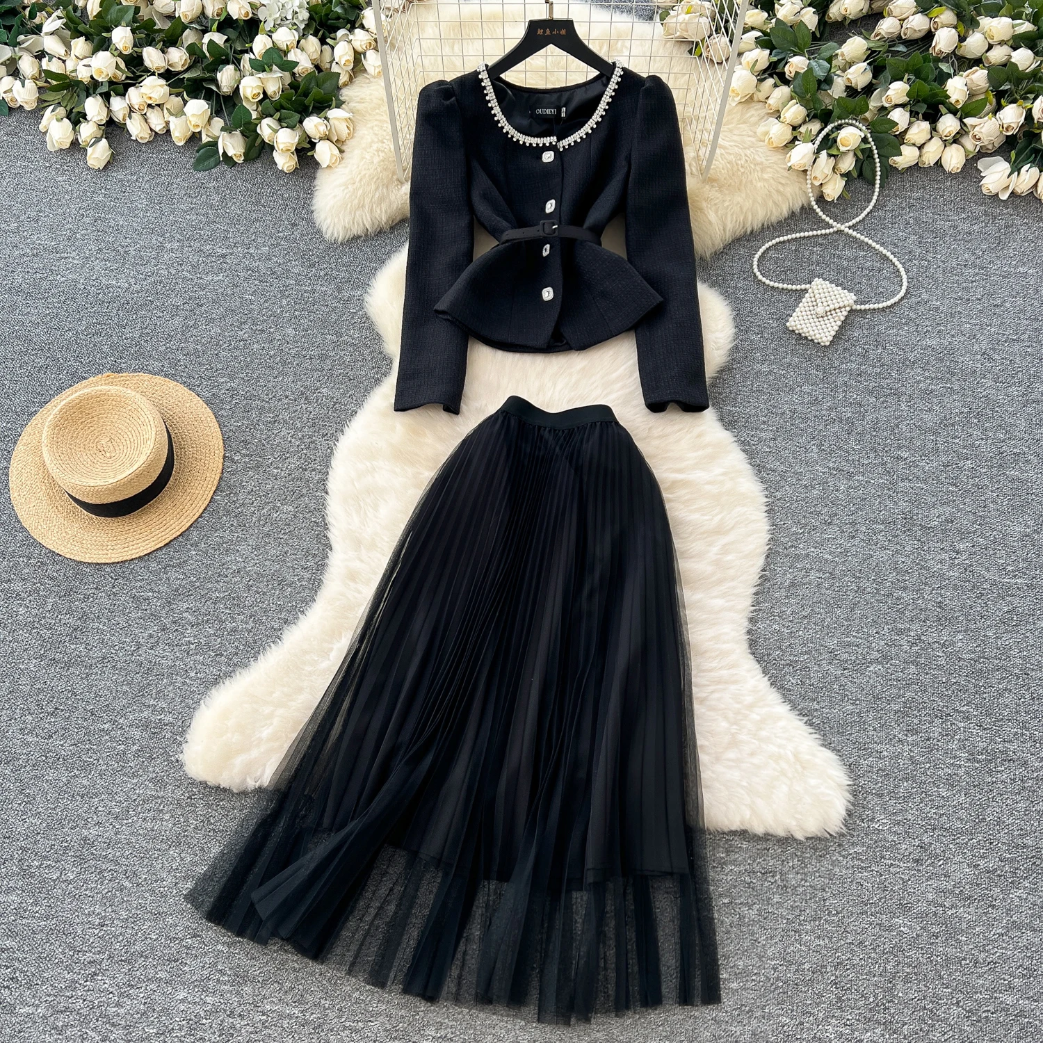 LW1123 Two-Piece Ladies Dress Beaded Round Neck Waistline Suit Jacket High  Waist Gauze Pleated Skirt Women 2 Piece Sweat Suits