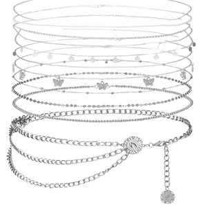 Lenwen 10 Pcs Alloy Belly Waist Chain Adjustable Summer Beach Women's Multilayer Body Jewelry Decorations