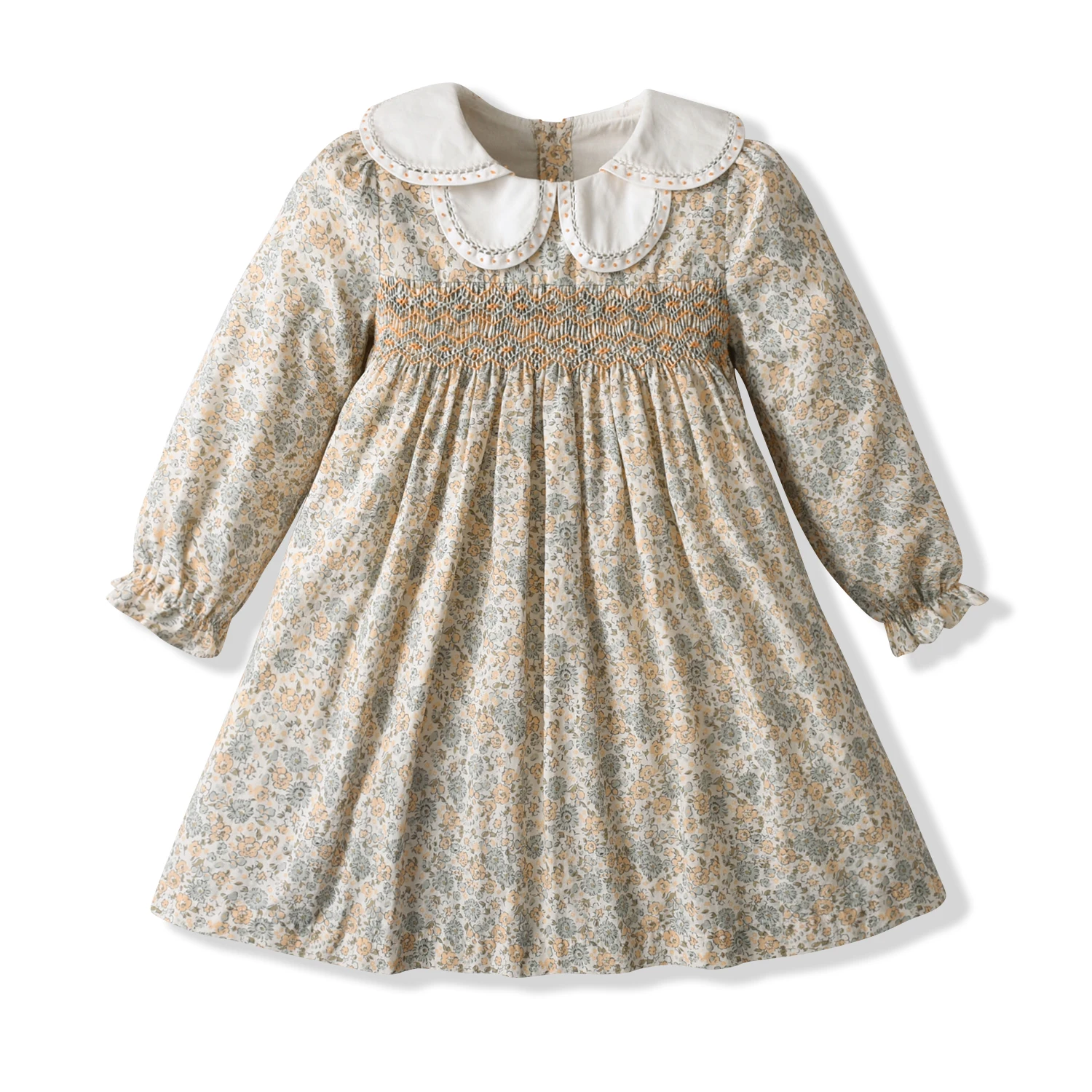 Autumn Long Sleeve Girls Dress Handmade Smocked White Collar