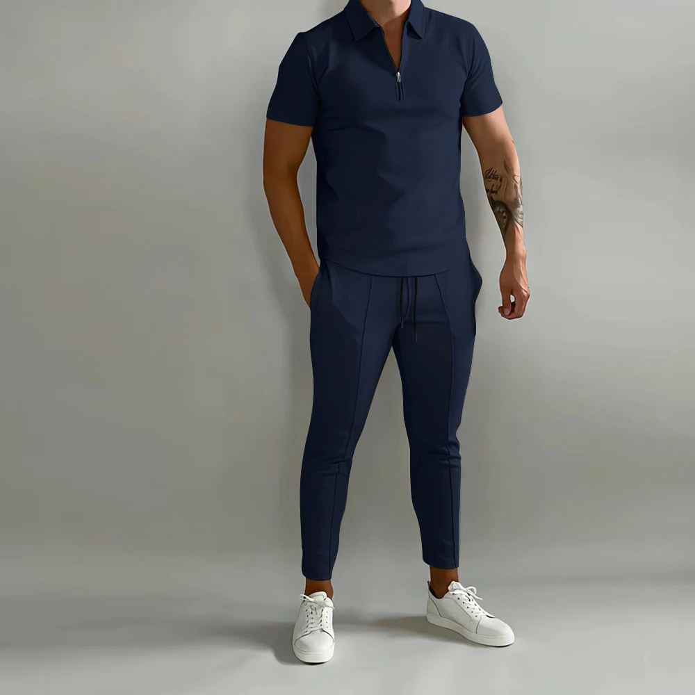 DOVEARK RTS Spring and Summer Matching Men's Suit Lapel Short Sleeve POLO Shirt Sports Pants Casual Knitted 2-piece Suit for Men