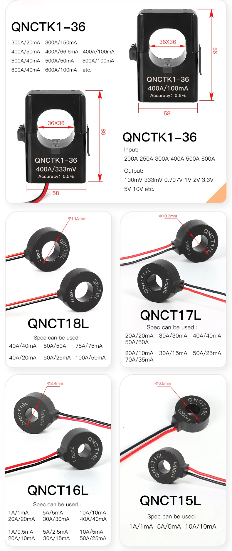Split Core Current Transformer QNCTK1-10 1A 1V 50A 333mV 100A 0.707V 150A 5V 20A 3.33V 80A Open Type Current Sensor Clamp CT