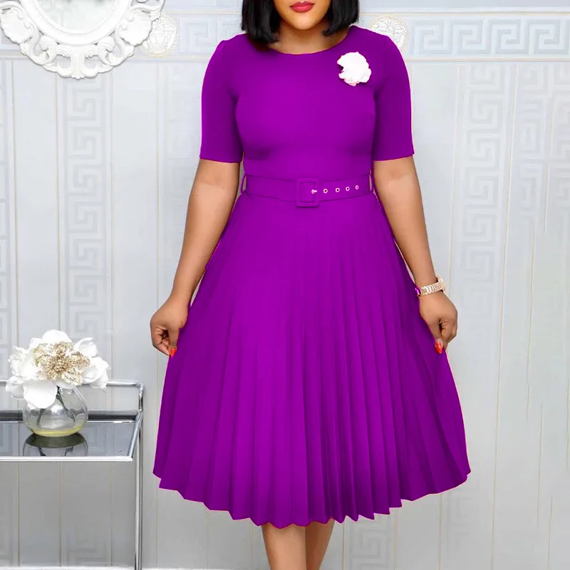 High Quality Fashion Round Neck Plus Size Pleated Belted Plus Size