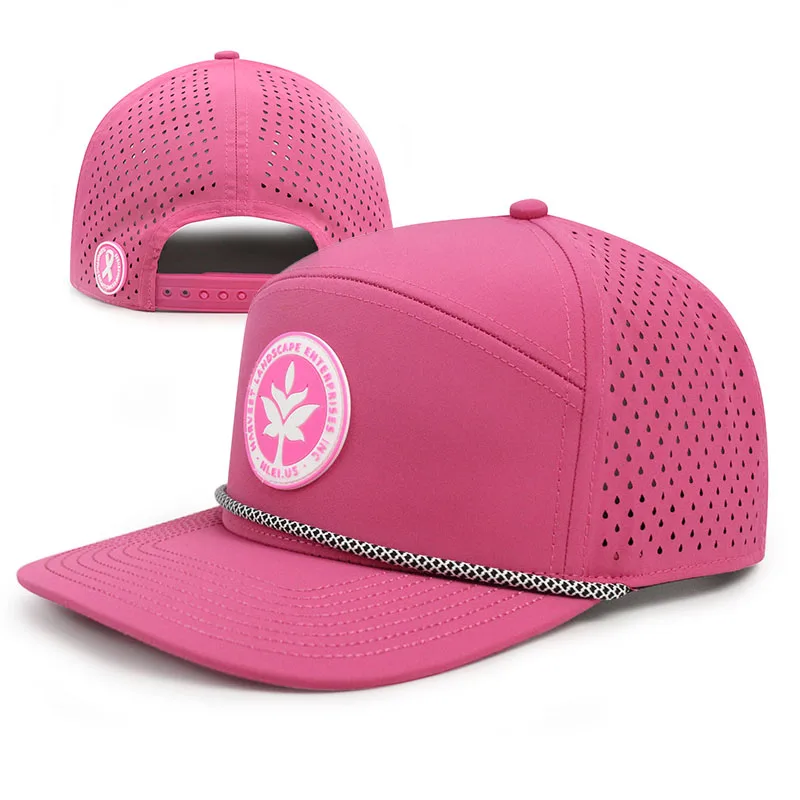 Hydro 6 Panel Hip Hop Polyester Athletic Mesh Snapback Cap Hat Flat Bill Waterproof Performance Pvc Patch Perforated Hat