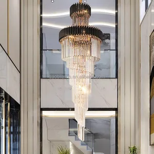 Modern Design Entrance Door Black Gold Luxury Living Room Crystal Chandeliers High Ceiling Pendant Light for Hotel Hall