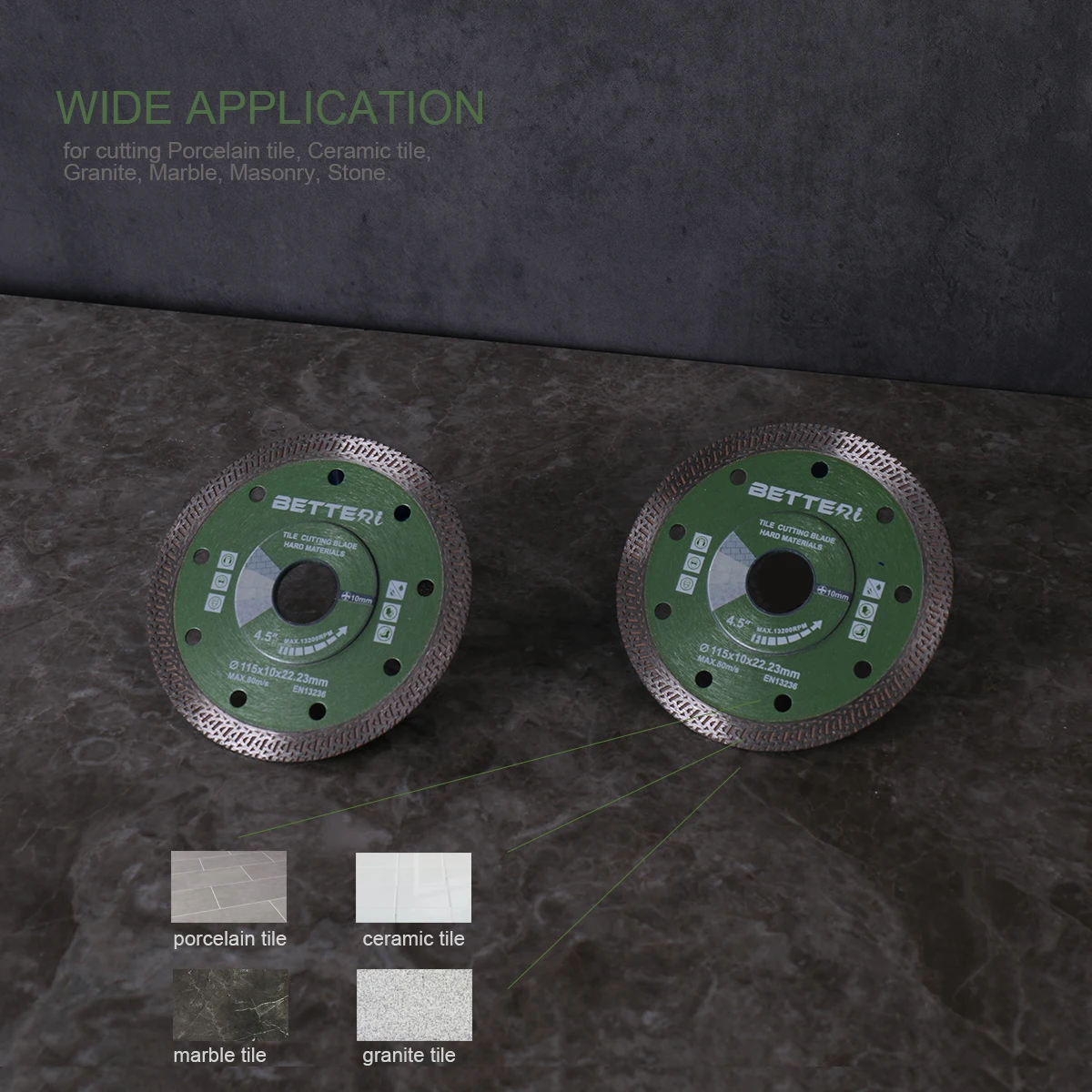 INWELL 4.5 Pulgadang Diamond Saw Blade 2 Pack - Turbo Rim Para sa Tile, Porcelain, Granite, 1.2mm Manipis, 7/8 Arbor, Wet o Dry Cutting