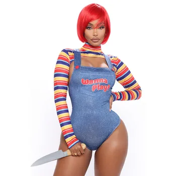 Scary Nightmare Killer Doll Wanna Play Movie Character Bodysuit Chucky Doll Costume Set Halloween Costumes for Women