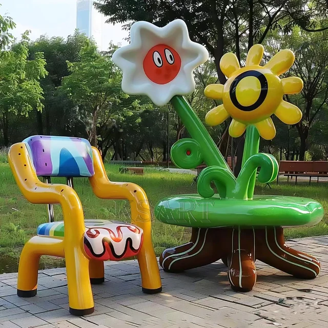 Outdoor Creative Glass Fiber Flower-shaped Chairs Sculpture Mall Cartoon Style Unique Shape Custom-made Leisure Seating Bench