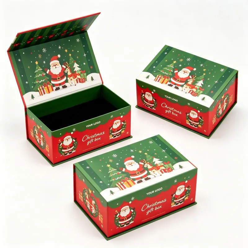 Caja de regalo navideña elegante blanca de alta calidad, plegable y con cierre magnético, rígida, con logotipo personalizado