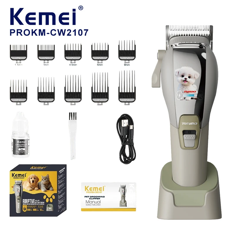 Tondeuse électrique professionnelle pour animaux KEMEI PRO KM-CW2107, haut de gamme, batterie de 2000 mAh, 8000 tr/min, lame céramique réglable, pour chiens et chats, faible niveau sonore