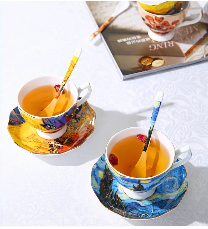 220 250ml Custom Fine Bone China Hand Painted Art Painting Coffee Mug Set Garden Party Ceramic Tea Cup With Saucer Van Gogh Cups