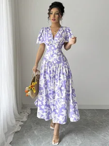 D&M Undefined Brand Custom Summer Clothes for Women Dresses V-neck Floral Print Short Sleeve Casual Elegant Summer Maxi Dress