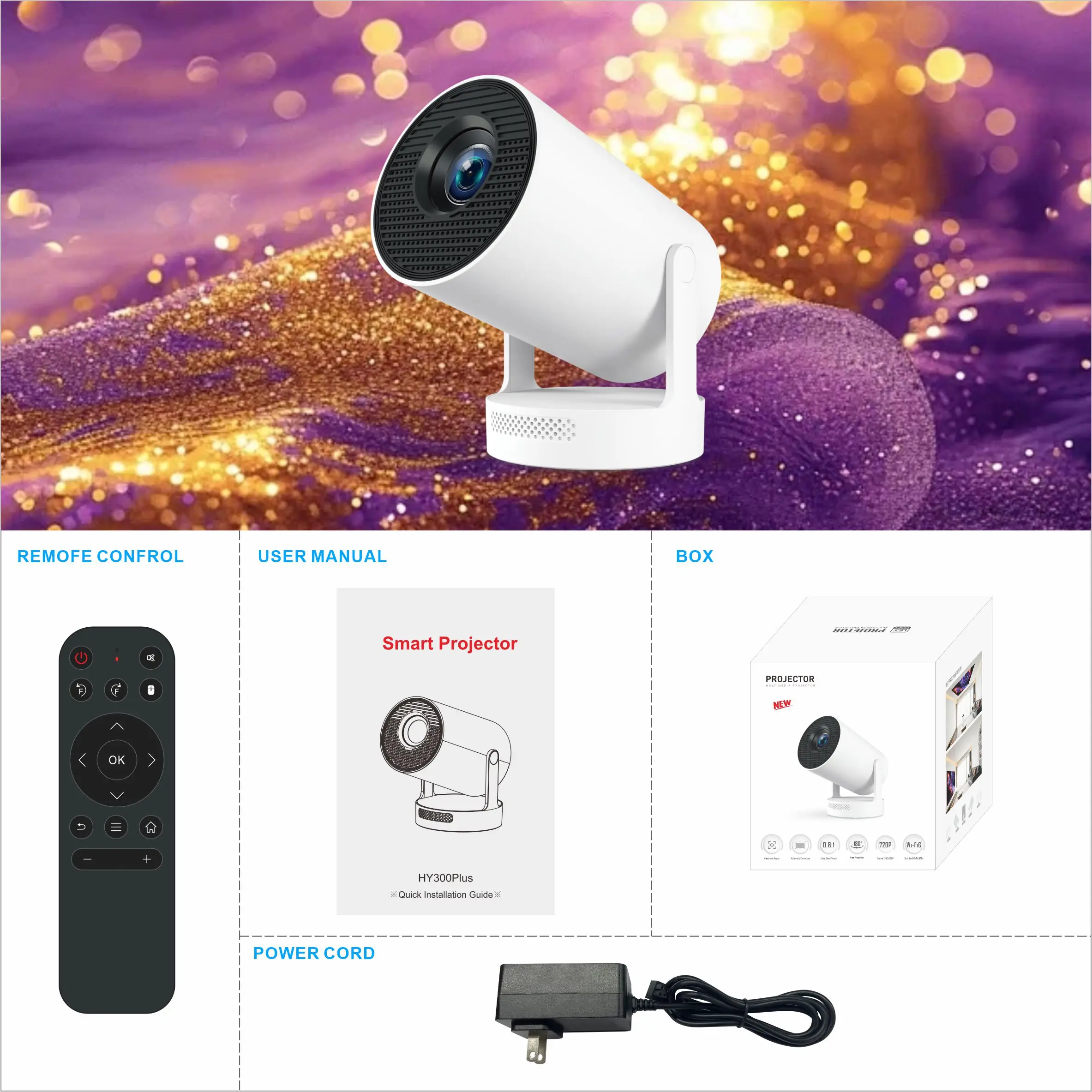 HY300 PLUS 720P Projector with Wifi 6 Android 11 OS 210ANSI LM HIFI Audio Speaker Base Outdoor Home Cinema Short Throw Projector