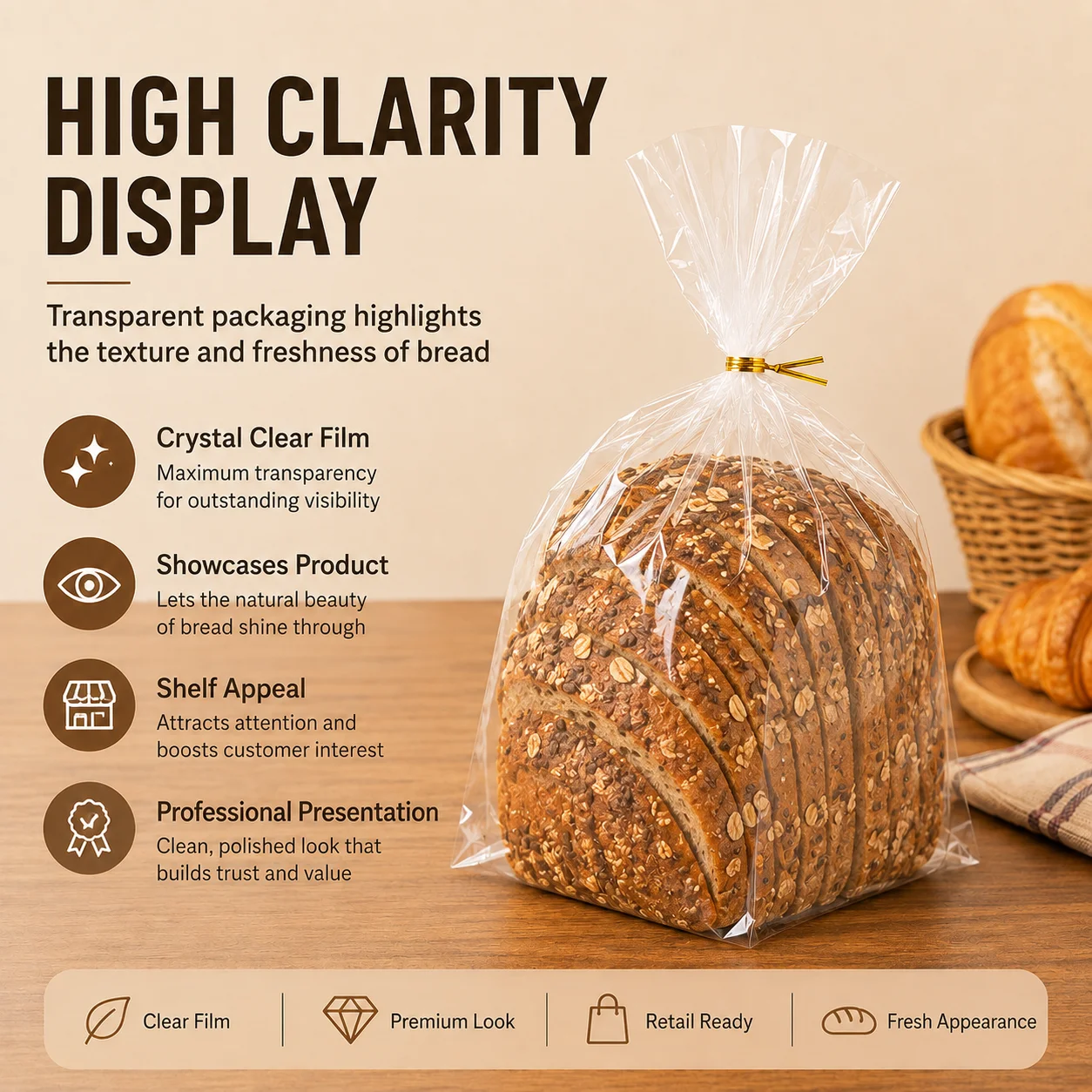 Wholesale Transparent Cello Treat Flat Bags with Twist Ties Custom Printed BOPP Clear Bread Packaging Bag