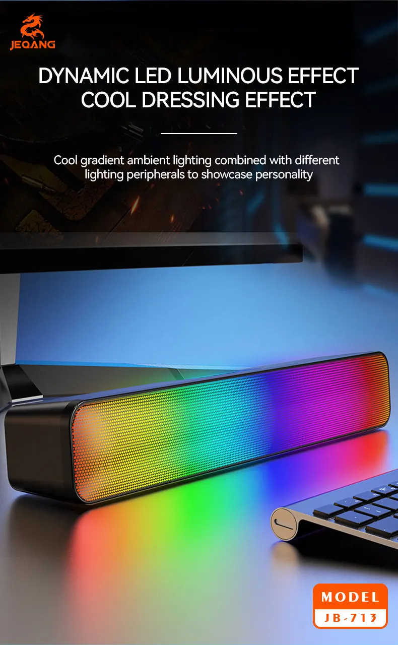 Jeqang JB-713 Modern Portable Wireless RGB Sound Bar Waterproof Computer Speakers USB Aux Communication Plastic for Outdoor Use