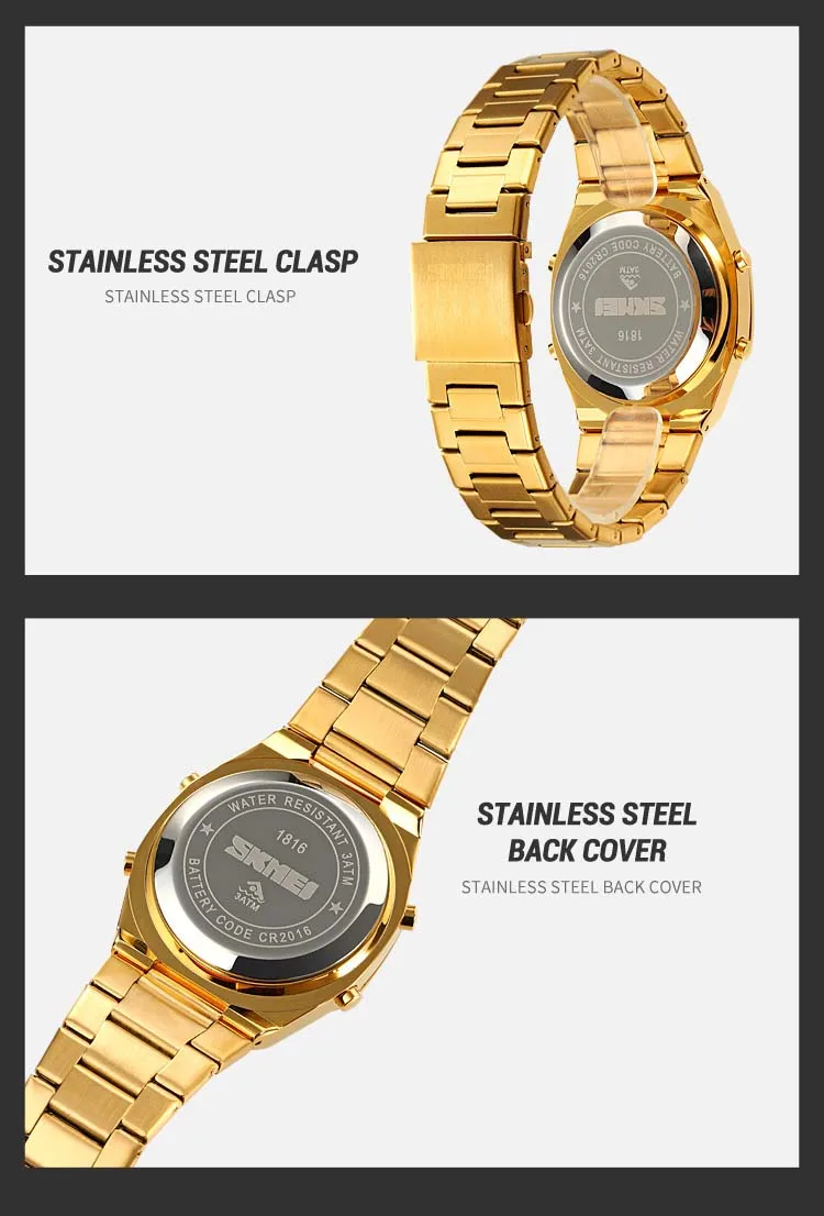 Skmei 1816 Fashion World Man Quartz Watch Costume Stainless Steel Band Double Display Chronograph Character Casual Watch Set