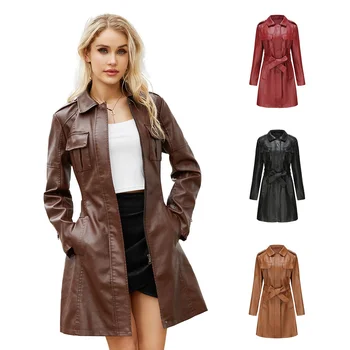 New medium long leather coat with belt spring and autumn long sleeve leather trench coat fashion coat women