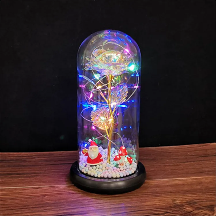 New Style Christmas Tree Toy Gold Rose Flower Doll Glass Cover Decoration Led Light Gift With Package