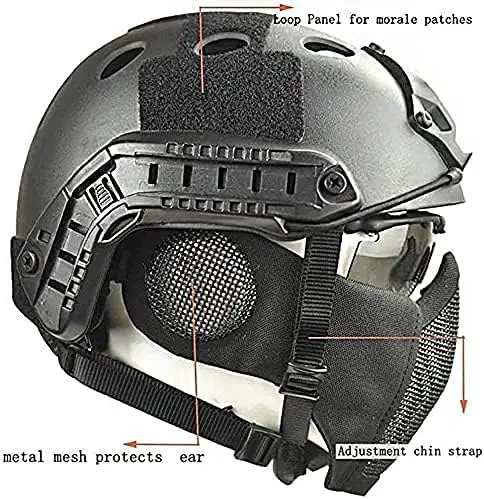 Tactical Fast Helmet Combined,with Foldable Ear Protection Half Face Mesh Mask and Glass for Airsoft Paintball CS Game Set