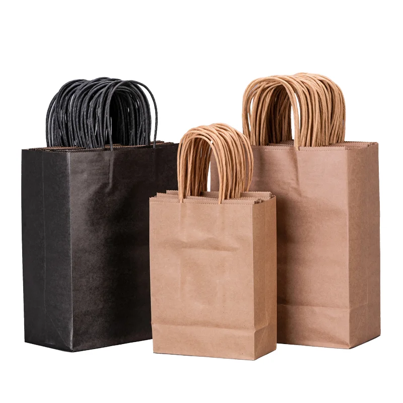 Wholesale Custom Logo Printed Brown Kraft Paper Tote Bag with Handle for Shopping Packaging Process