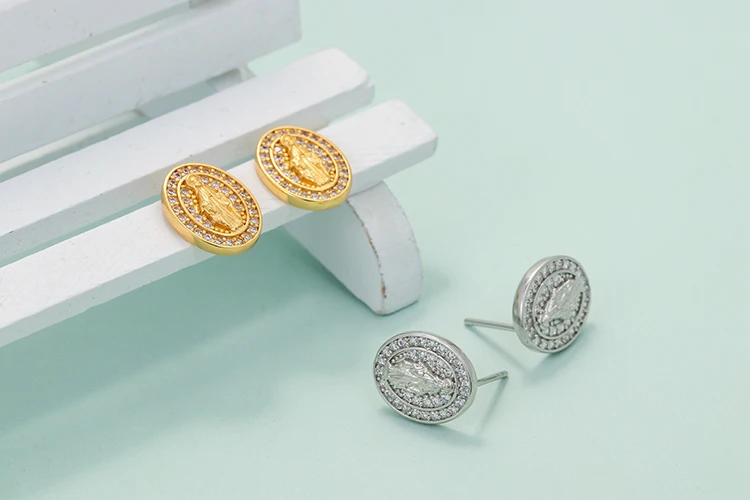 Gold Plated Virgin Mary Stud Earrings Micro Paved Zircon