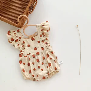 Cute Baby Girl Jumpsuit Summer Strawberry Print Flying Sleeves Thin Woven Suspender Toddler Rompers