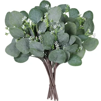 Artificial Eucalyptus Leaves Stems Bulk Olive Green Silver Dollar Seeded Leaves Plant with White Seeds for Floral Wreath Garland
